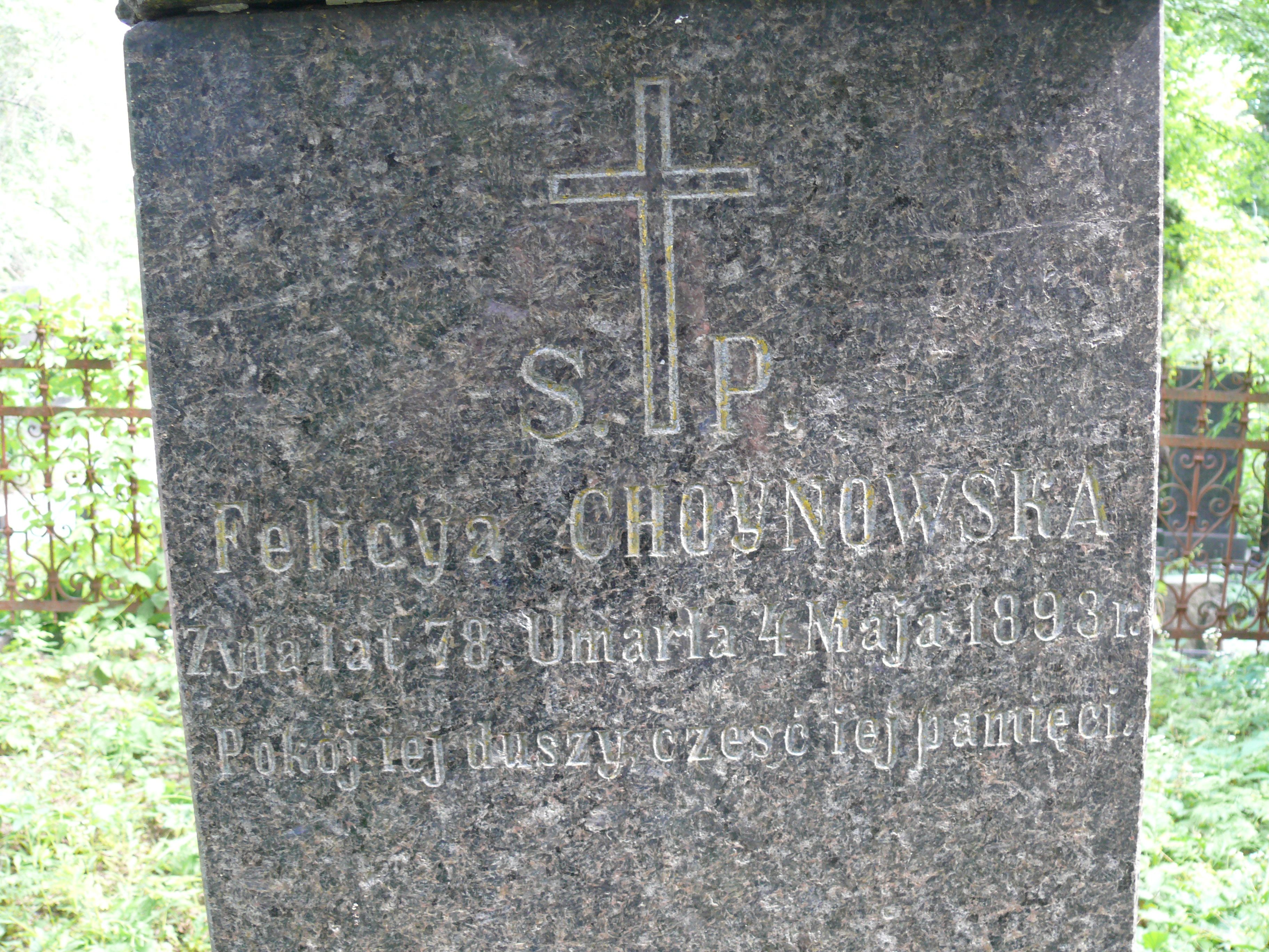 Napis z nagrobka Felicji i Józefa Choynowskich oraz Walentego Wielhorskiego