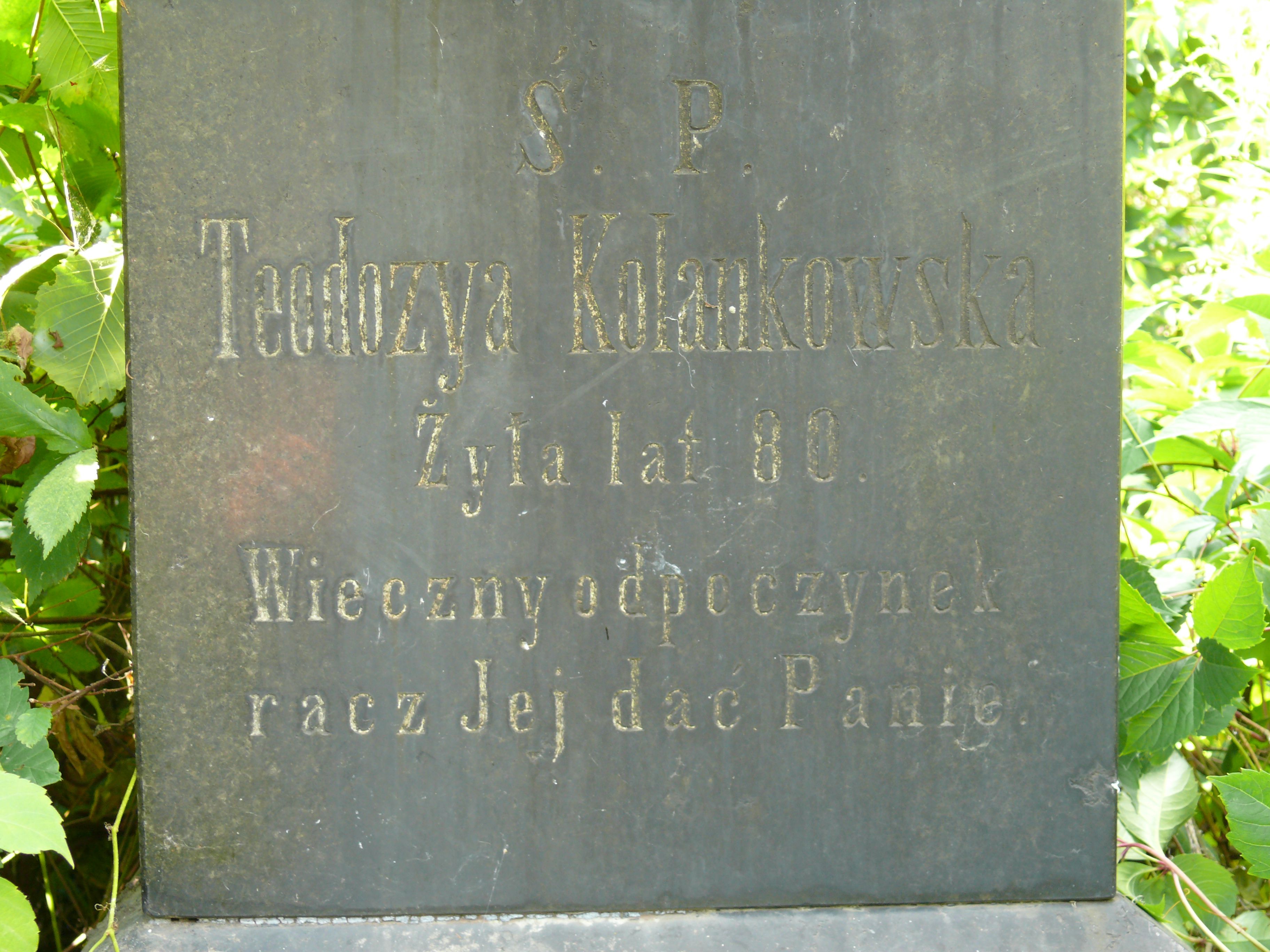 Inscription from the tombstone of Teodosia Kolankowska