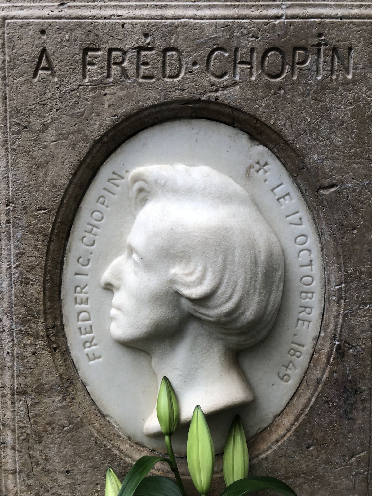 Tombstone of Frédéric Chopin in the Père-Lachaise cemetery in Paris, detail