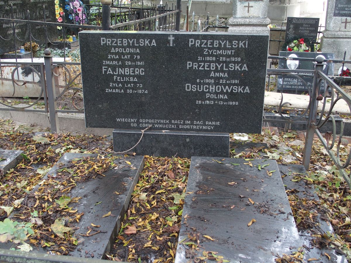 Tombstone of Felix Fajnberg, Polina Osuchowska, Anna Przebylska, Apolonia Przebylska, Zygmunt Przebylski, Bajkova cemetery, Kyiv, as of 2021