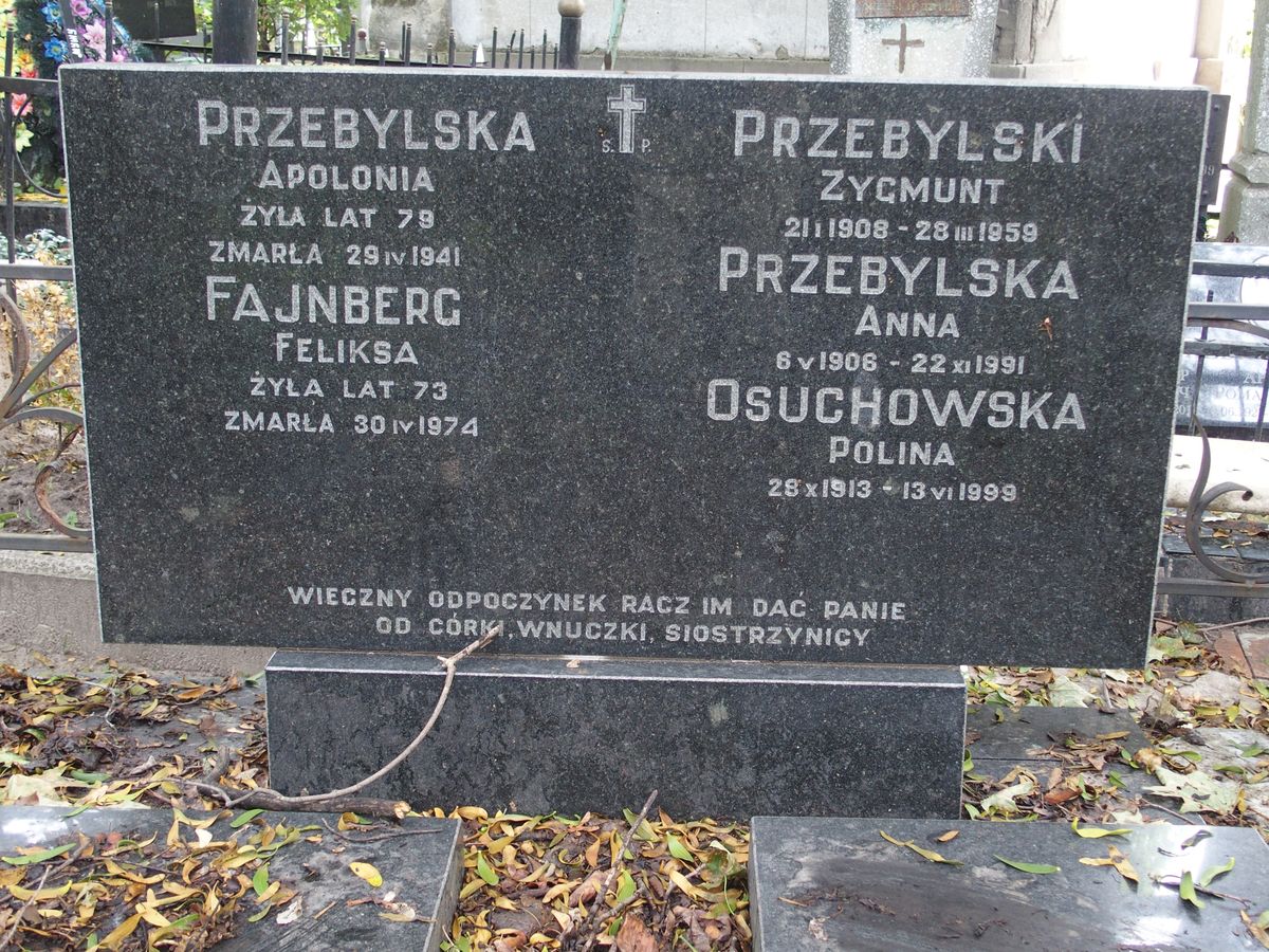 Tombstone of Felix Fajnberg, Polina Osuchowska, Anna Przebylska, Apolonia Przebylska, Zygmunt Przebylski, Bajkova cemetery, Kyiv, as of 2021