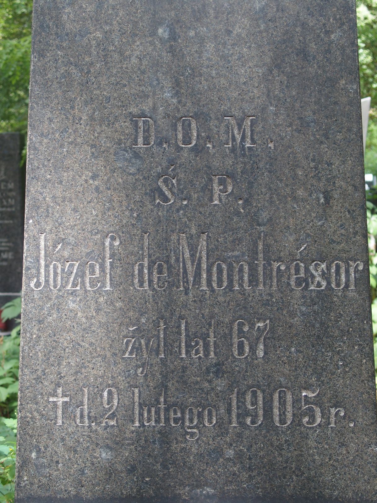 Inscription from the gravestone of Joseph de Montrésor, Baykova cemetery in Kiev, as of 2021