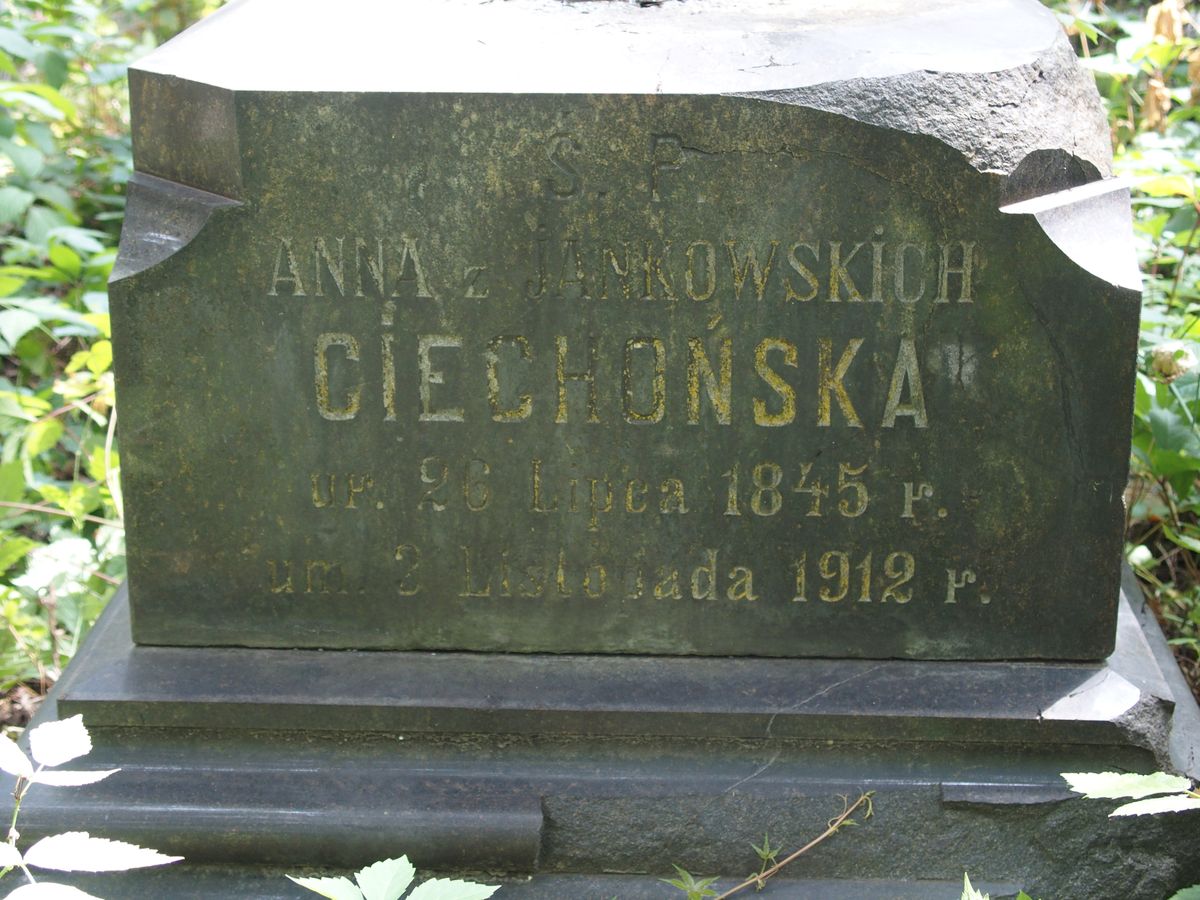 Napis z nagrobka Anny Ciechońskiej, cmentarz Bajkowa w Kijowie, stan z 2021