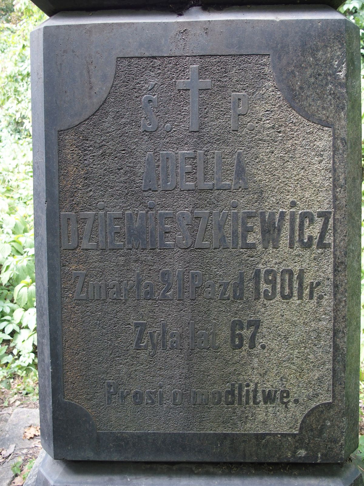 Napis z nagrobka Adeli Dziemieszkiewicz, cmentarz Bajkowa w Kijowie, stan z 2021