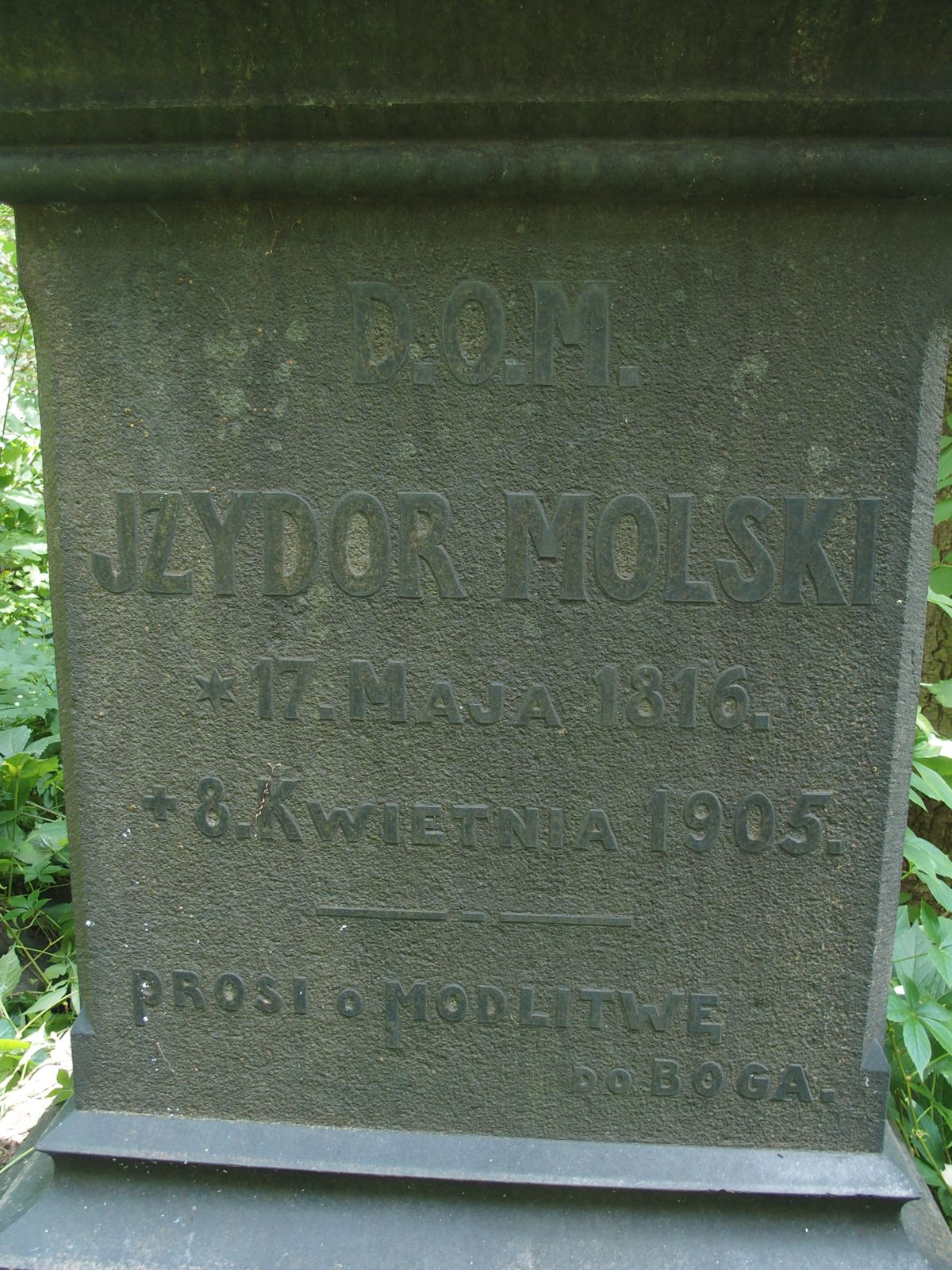 Napis z nagrobka Izydora Molskiego, cmentarz Bajkowa w Kijowie, stan z 2021