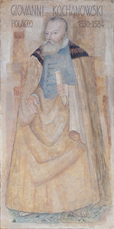 Fotografia przedstawiająca Portret Witelona i malowidła przedstawiające Polaków w Sali Czterdziestu w Padwie