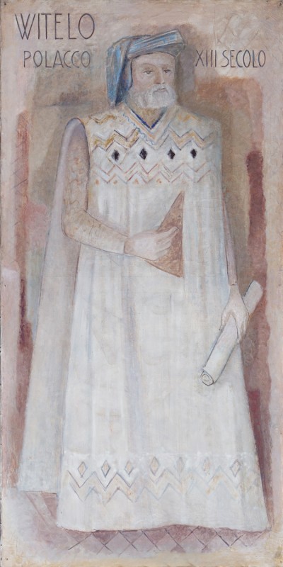Fotografia przedstawiająca Portrait of Witelon and paintings depicting Poles in the Hall of Forty in Padua