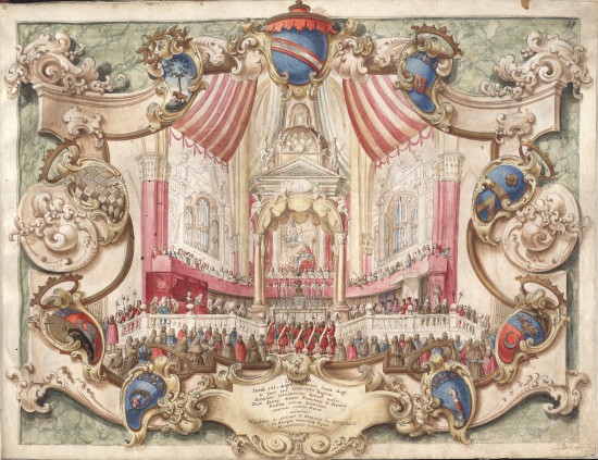 Uroczystości w bazylice San Petronio z udziałem Jakuba Stuarta i Klementyny Sobieskiej (Rysunek, scena historyczna)