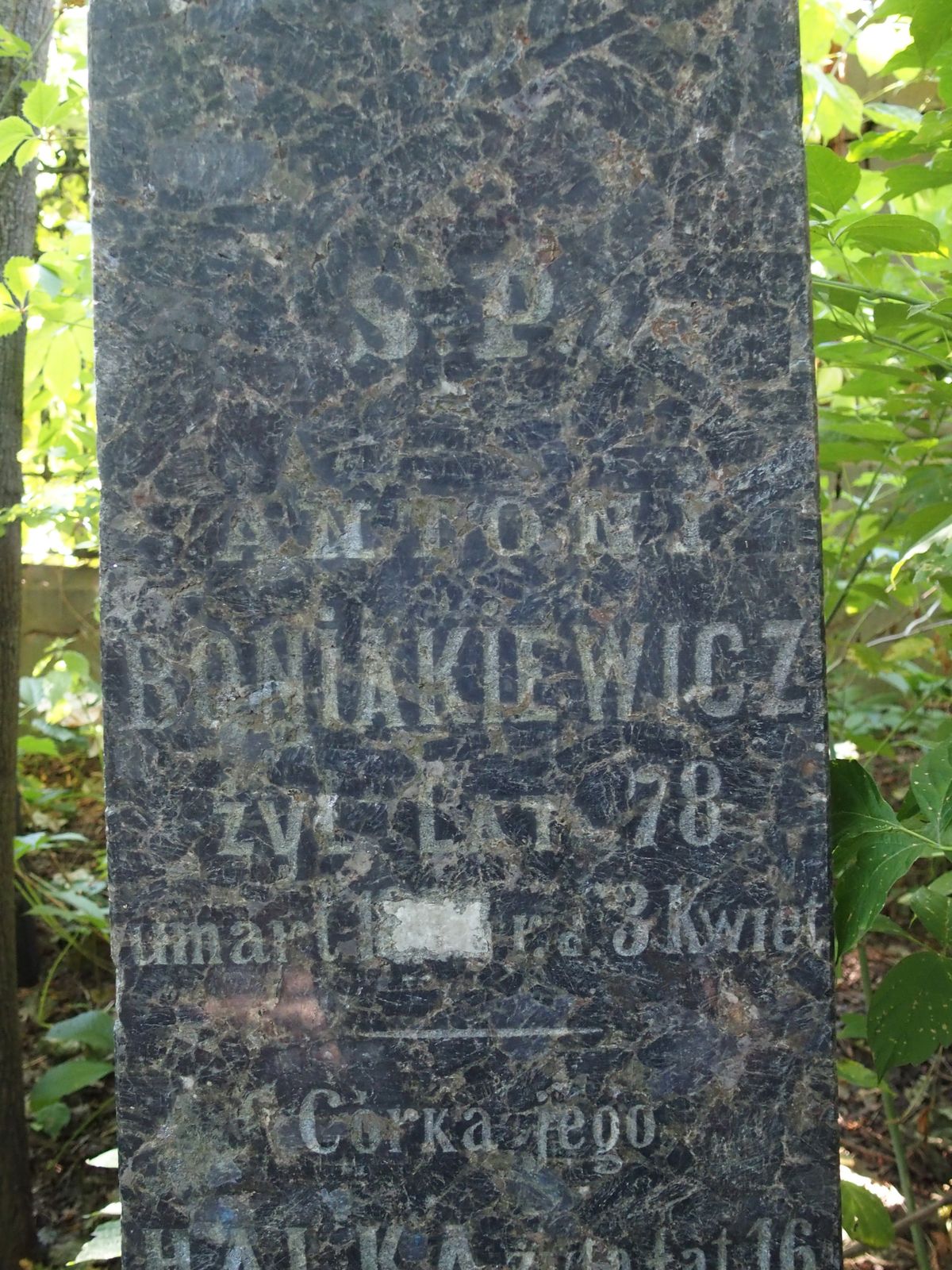 Gravestone inscription of Antoni Boniakiewicz, Halka Boniakiewicz