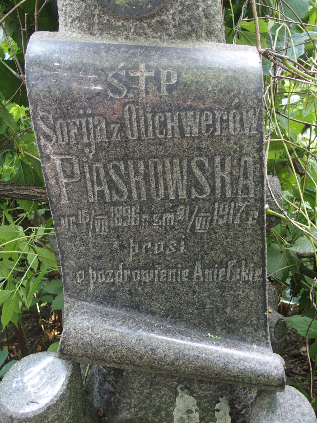 Inscription from the gravestone of Zofia Piaskowska
