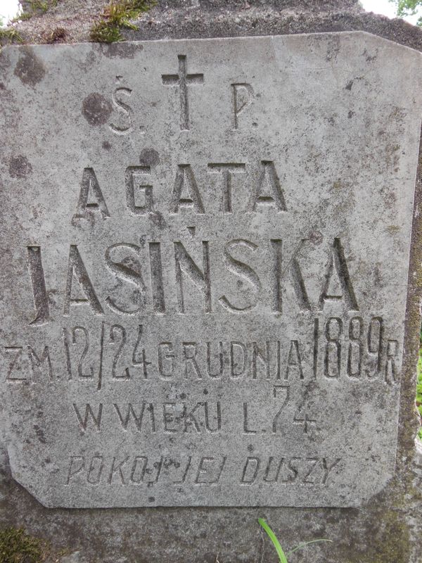 Fragment of Agata Jasinska's gravestone/tablet, Na Rossie cemetery in Vilnius, as of 2013