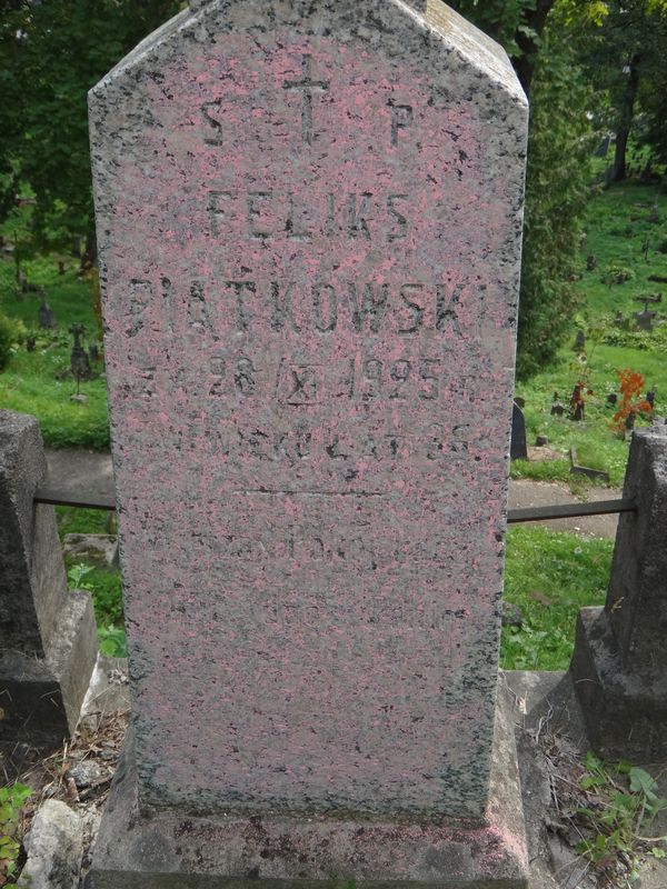 Fragment of the tombstone of Feliks Piatkowski, Na Rossie cemetery in Vilnius, as of 2013.