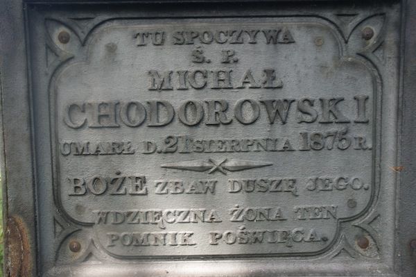 Inskrypcja z nagrobka Michała Chodorowskiego, cmentarz na Rossie, stan z 2014 roku