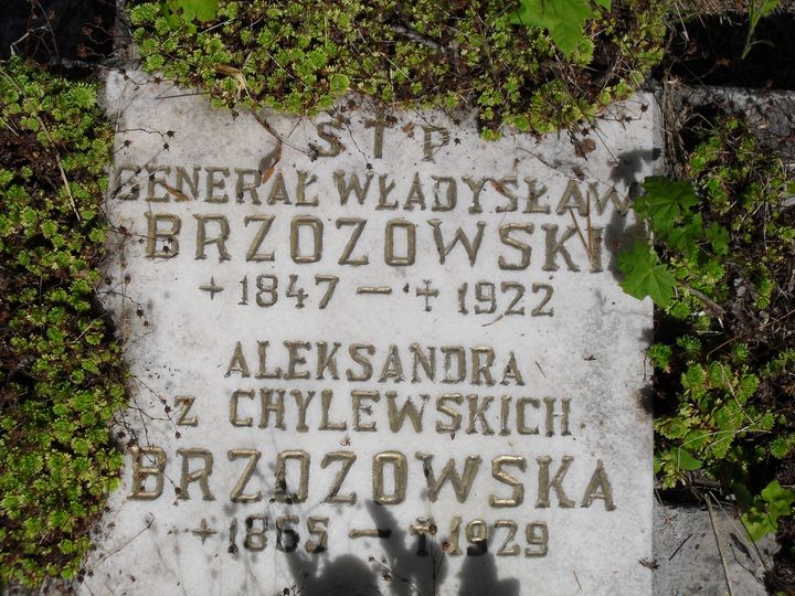 Inskrypcja z grobowca Aleksandry i Władysława Brzozowskich, cmentarz na Rossie, stan z 2014 roku