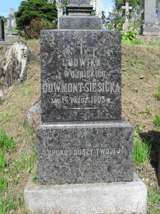 Fragment nagrobka Ludwiki Dowmont-Siesickiej, cmentarz na Rossie, stan z 2014 roku