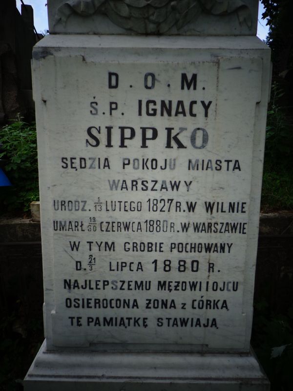 Tablica nagrobna Ignacego Sippko, fragment, cmentarz na Rossie w Wilnie, stan z 2013 r.