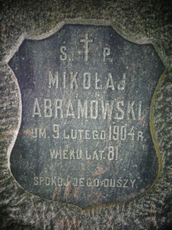 Tombstone plaque of Mikołaj Abramowski, Ross Cemetery in Vilnius, as of 2013.
