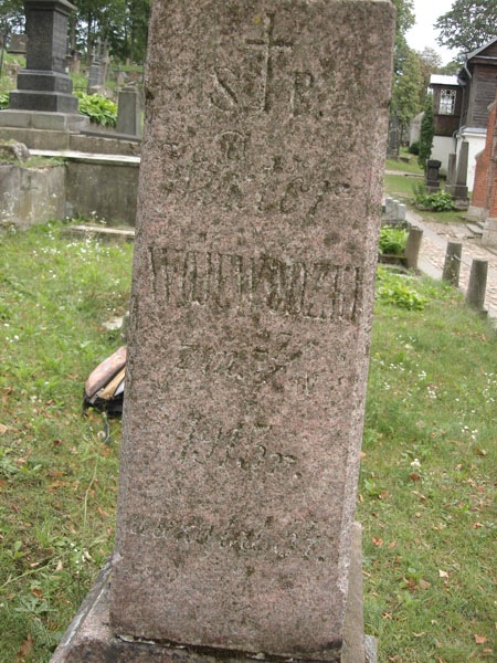 A fragment of the Tombstone of Anastasia Kuncewicz, Athanasius Ruszczyc, Viktor Wojewódzki, Rossa cemetery in Vilnius, as of 2013