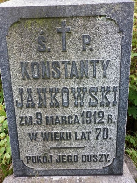 Inskrypcja na nagrobku Konstantego Jankowskiego, cmentarz Na Rossie w Wilnie, stan z 2013