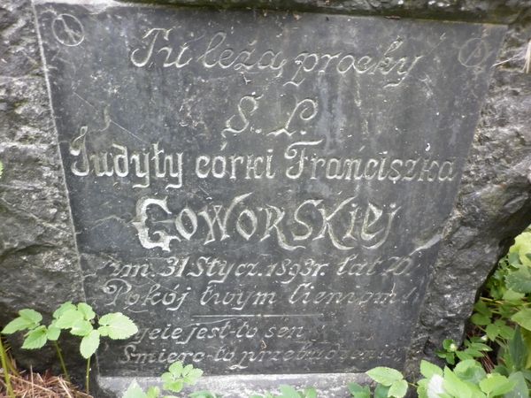 Inskrypcja na cokole nagrobka Judyty Goworskiej, cmentarz Na Rossie w Wilnie, stan z 2013