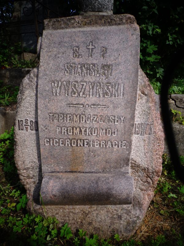 Tablica inskrypcyjna z nagrobka Stanisława Wyszyńskiego, cmentarz Na Rossie w Wilnie, stan z 2013 roku
