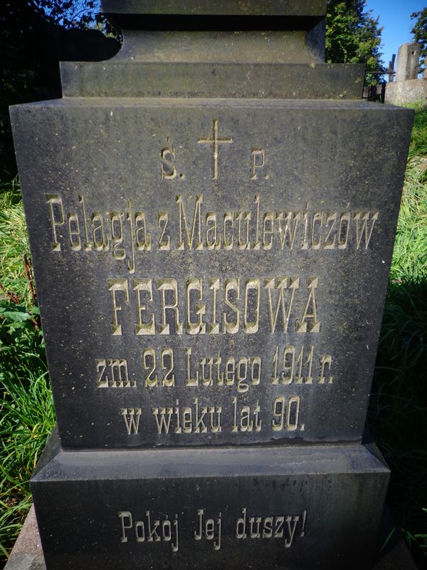 Inscription from the gravestone of Pelagia Fergis, Na Rossie cemetery in Vilnius, as of 2013