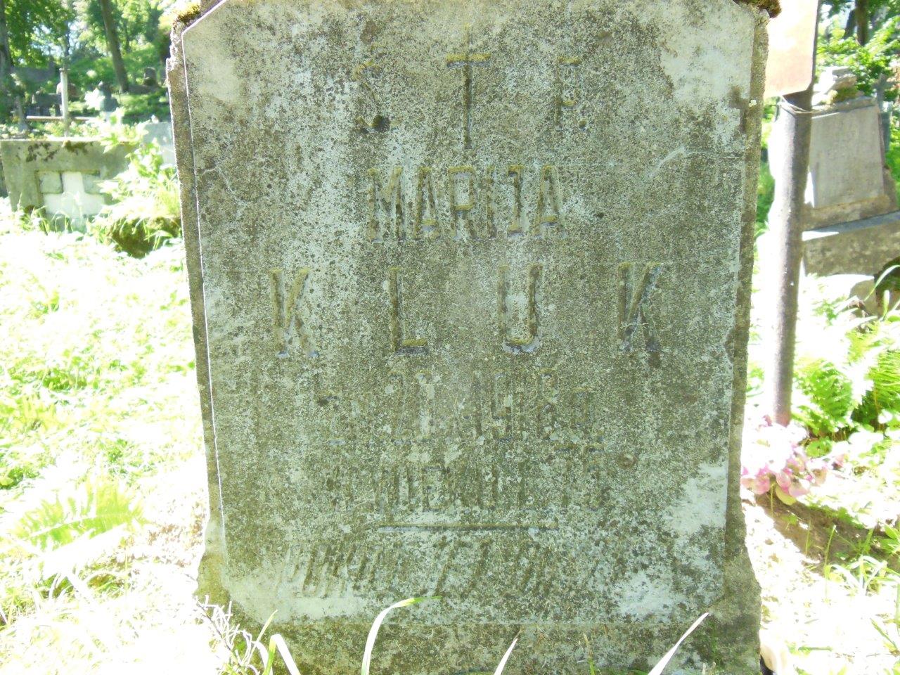 Gravestone of Maria Kluk, fragment, Ross Cemetery in Vilnius, as of 2013.