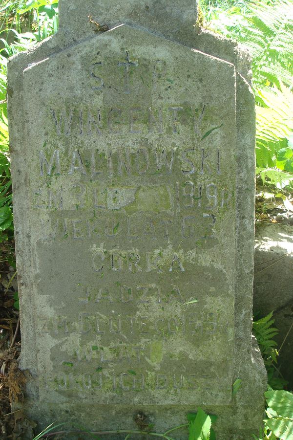 Fragment nagrobka Jadwigi i Wincentego Malinowskich, cmentarz na Rossie, stan z 2013 roku