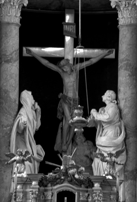 Group of the Crucifixion from the main altar, 1880s-90s, stucco and polychrome wood, former Bernardian church in Grodno, Belarus