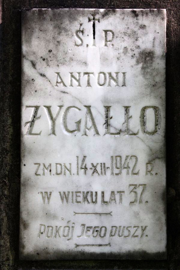 Fragment of Antoni Żygałło's tombstone from the Ross Cemetery in Vilnius, as of 2013.