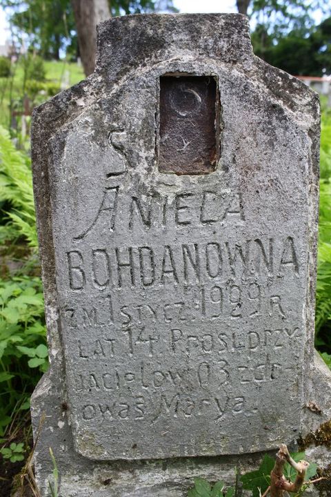 Fragment nagrobka Anieli Bohdan, cmentarz Na Rossie w Wilnie, stan z 2013 r.