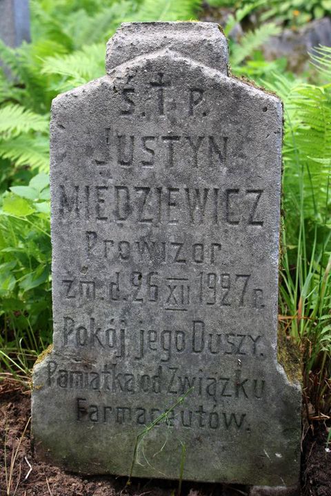 Fragment of the gravestone of Justyn Miedzievich, Na Rossie cemetery in Vilnius, as of 2013.