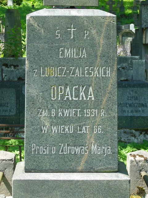 Fragment nagrobka Emilii Opackiej, cmentarz na Rossie, stan z 2014 roku