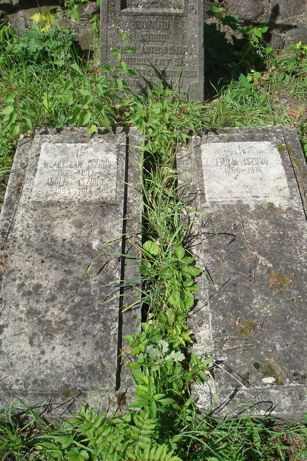 Fragment of a tombstone of Adolf, Edward, Władysław and Emilia Iszoro, from the Ross Cemetery in Vilnius, as of 2013