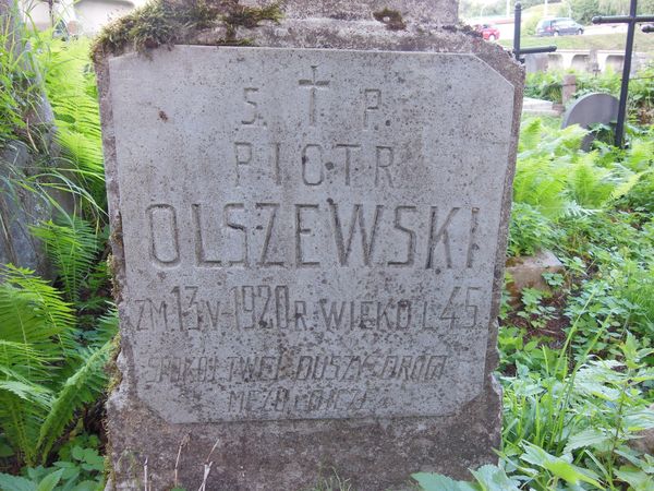 Fragment of the tombstone of Piotr Olszewski, Na Rossie cemetery in Vilnius, as of 2013.