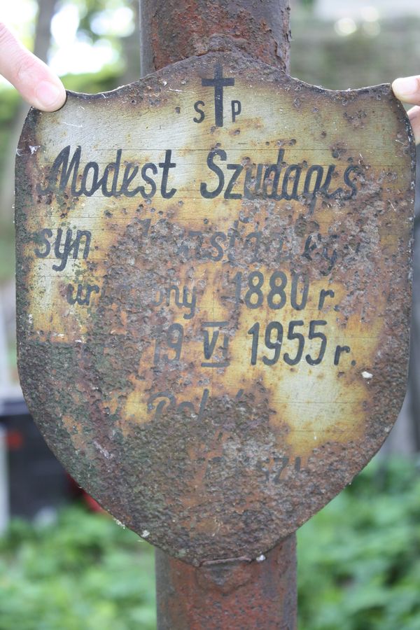 Inscription plaque from the gravestone of Modest Shudagis from the Ross Cemetery in Vilnius, as of 2013.