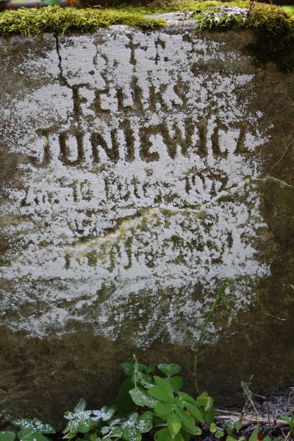 Fragment nagrobka Feliksa Juniewicza z cmentarza na Rossie w Wilnie, stan z 2013 r.