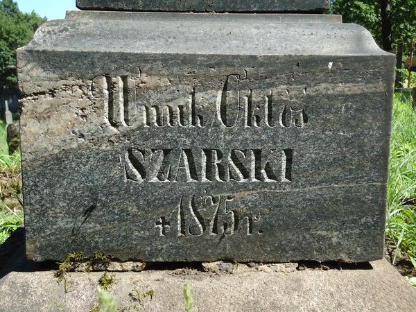 Fragment of a gravestone of Octavian Szarski and Rozalia and Adam Lisowski, from the Ross Cemetery in Vilnius, as of 2013