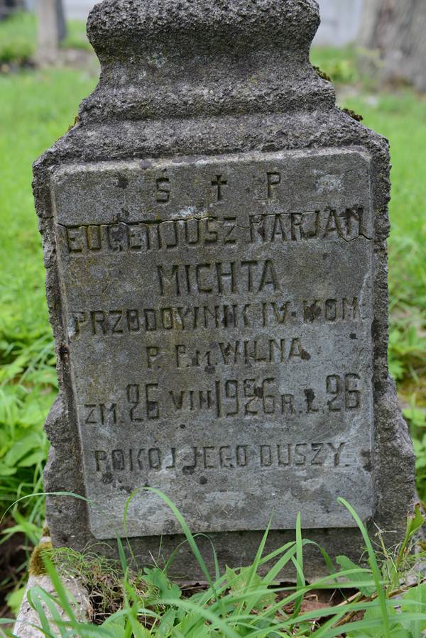 Inskrypcja na nagrobku Eugeniusza Mariana Michta, cmentarz Na Rossie w Wilnie, stan z 2013