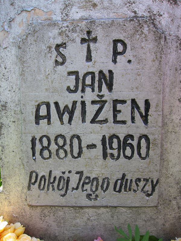 Inskrypcja na nagrobku Jana Awiżena, cmentarz na Rossie w Wilnie, stan z 2013