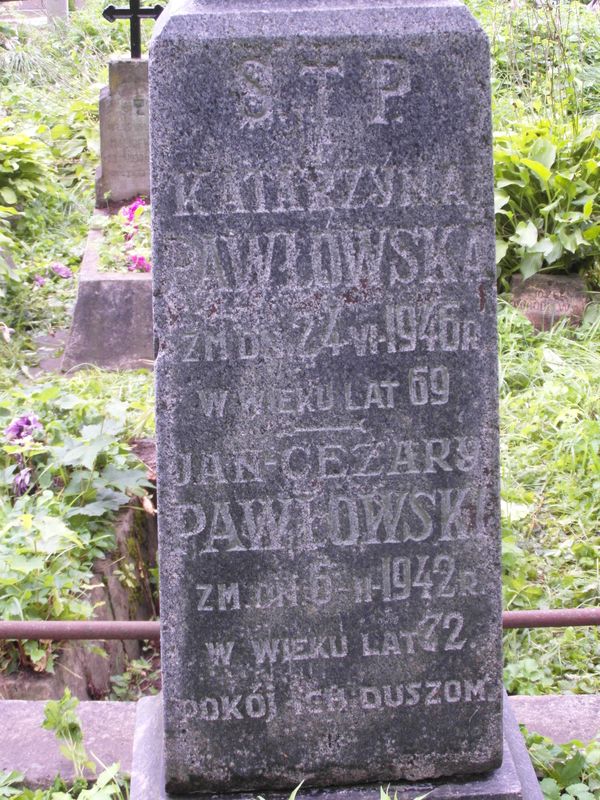 Inskrypcja nagrobka Jana i Katarzyny Pawłowskich, cmentarz Na Rossie w Wilnie, stan z 2013