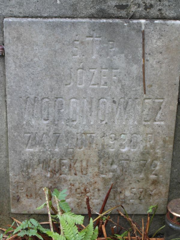 Tombstone inscription of Jozef Voronovich, Na Rossie cemetery in Vilnius, as of 2013