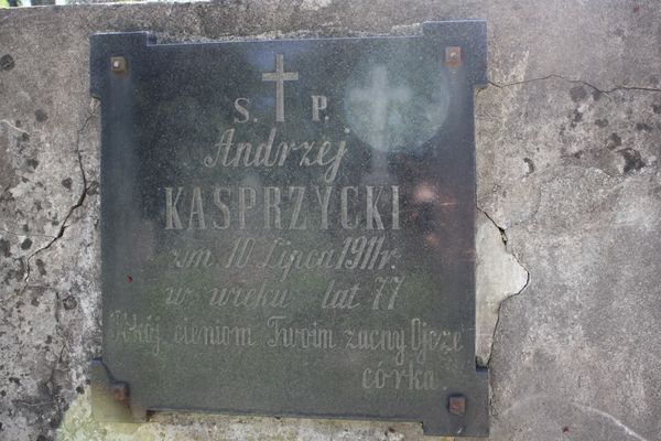 Inscription plaque of Andrzej Kasprzycki, Ross cemetery in Vilnius, as of 2013.