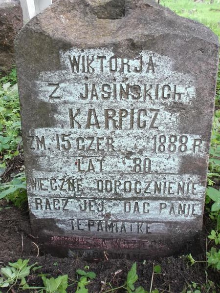 Inskrypcja nagrobka Wiktorii Karpicz, cmentarz Na Rossie w Wilnie, stan z 2012