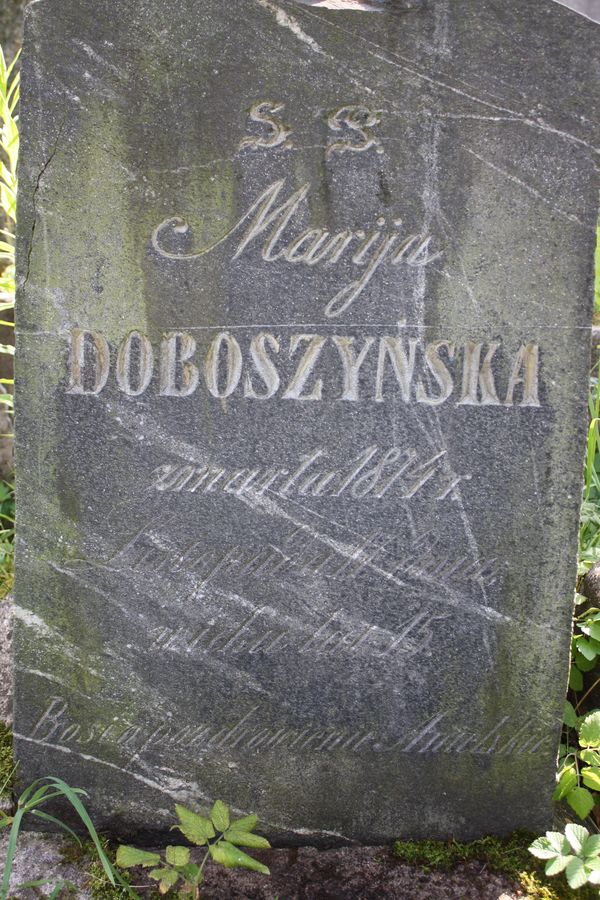 Tablica inskrypcyjna z nagrobka Marii Doboszyńskiej i Stanisława Iwanowskiego, cmentarz na Rossie w Wilnie, stan z 2013 r.