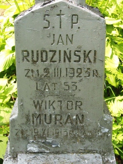 Inskrypcja nagrobka Wiktora Murana i Jana Rudzińskiego, cmentarz Na Rossie w Wilnie, stan z 2013