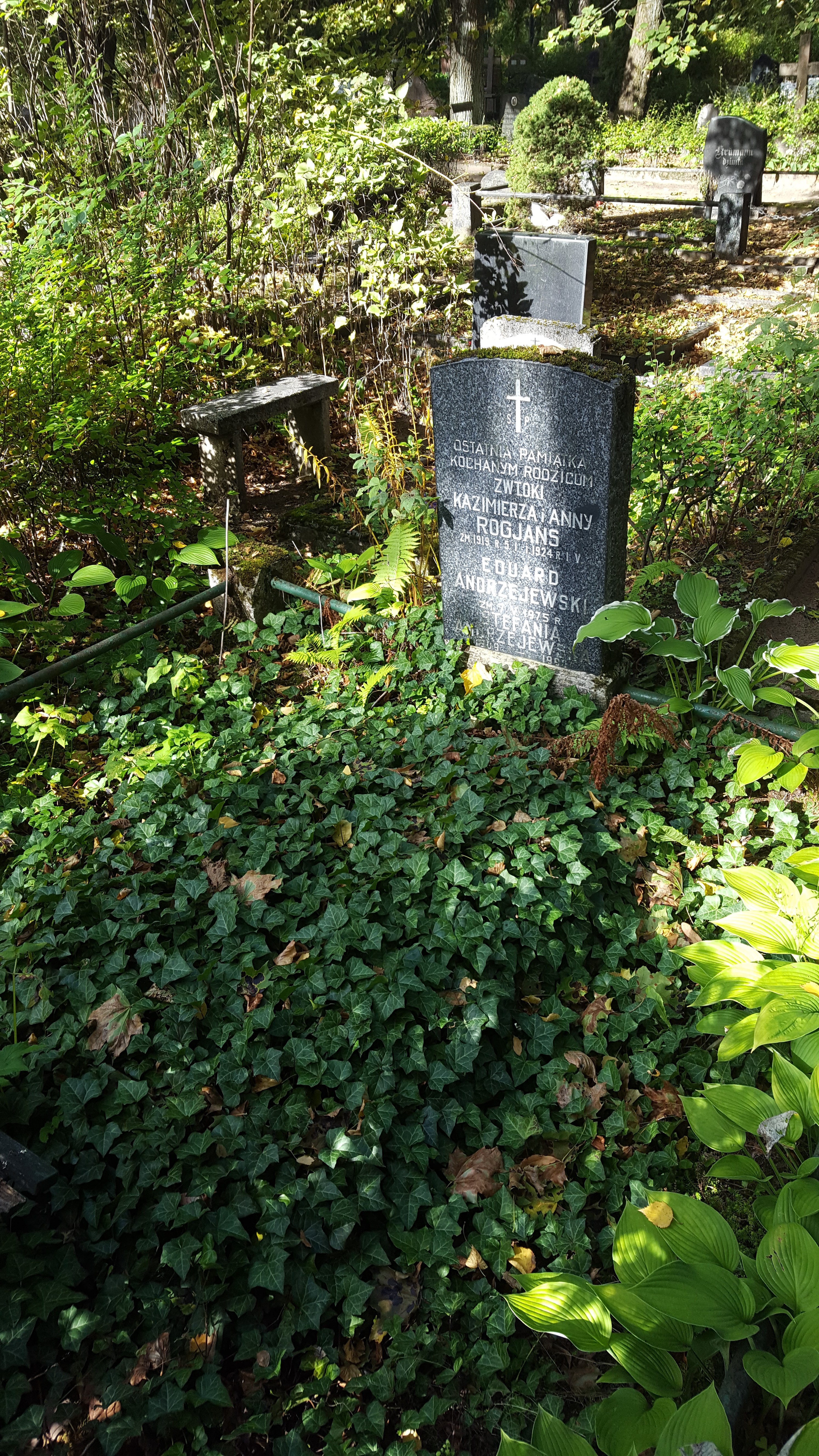 Tombstone of the Rogjans and Andrzejewski families, St Michael's cemetery in Riga, as of 2021.