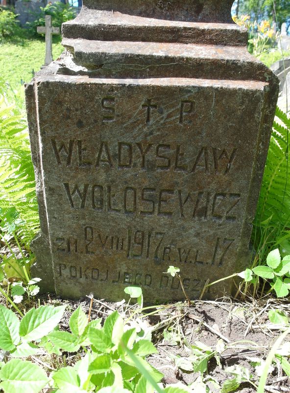 Fragment nagrobka Władysława Wołosewicza z cmentarza na Rossie w Wilnie, stan z 2015 r.