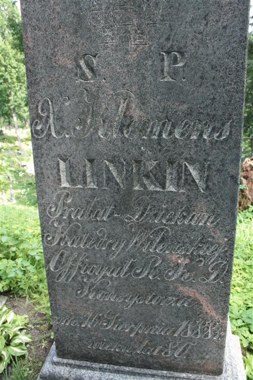 Fragment of Klemens Linkin's tombstone from the Ross Cemetery in Vilnius, as of 2013.