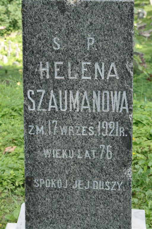 Fragment nagrobka Heleny Szaumanowej z cmentarza na Rossie w Wilnie, stan z 2013 r.